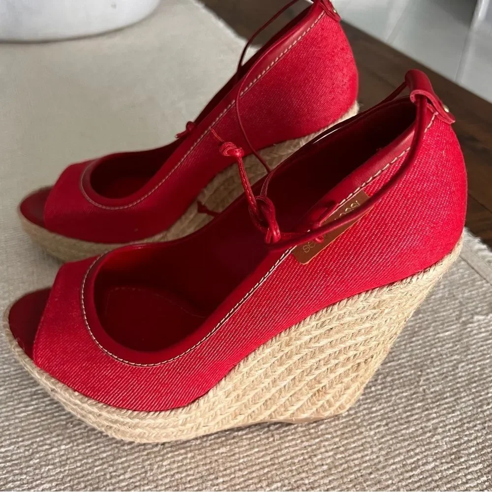 SERGIO ROSSI Red Fabric Espadrille Heels Size 39.